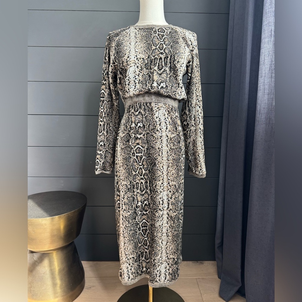 Zara Black Gray Brown Snake Print Long Sleeve Dress Stretchy
